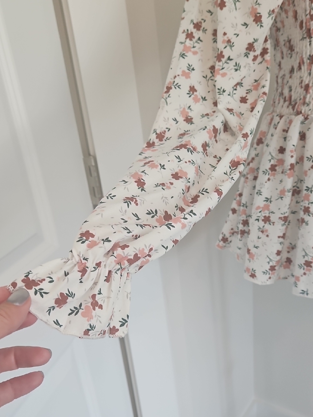 SHEIN White Floral Smocked Square-Neck Blouse with Dusty Rose Print - Picture 2 of 2